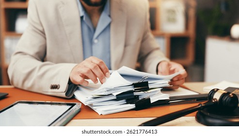 Hands, judge and stack with documents at office for legal review, administration and investigation. Person, paperwork and overwhelmed with deadline, time management and gavel for law, justice or case