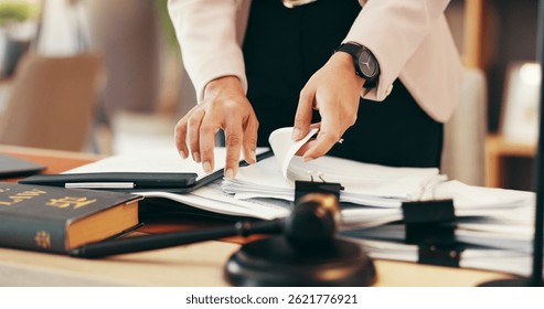 Hands, judge and stack with paperwork at office for legal review, administration and investigation. Person, documents and overwhelmed with deadline, time management and gavel for law, justice or case