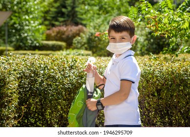 Hands Of Kid Boy With Alcohol Antiseptic Gel,wash Hands With Hand Sanitizer,kill Germs,bacteria,viruses,asian Child Wearing Face Mask,cleaning,disinfection,prevent Infection Of Covid-19,Coronavirus