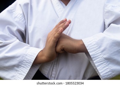 Hands Of Kid Boy In Karate Martial Arts Mind Power Respect Pose in White Kimono - Powered by Shutterstock