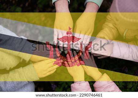 Hands of kids on background of Brunei flag. Bruneian patriotism and unity concept.