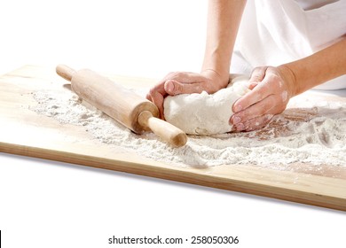 Hands Kneading Dough On  Board Isolated On White Background