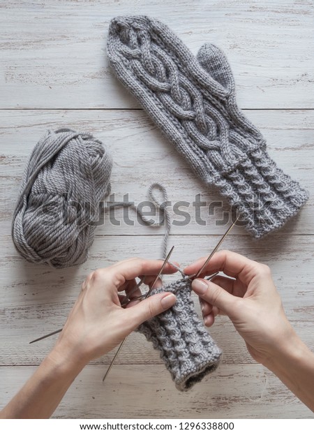 Hands Knit Gloves Knitting Gloves Made Stock Photo Edit Now