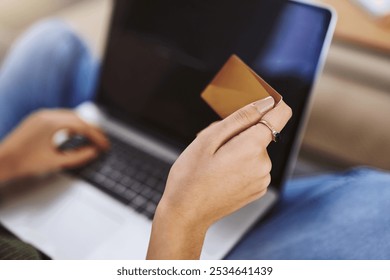 Hands, laptop and credit card for online shopping, payment and internet bank ecommerce with fintech. Female person, planning and financial transaction for paperless purchase, startup and subscription - Powered by Shutterstock