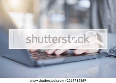 Hands, laptop and search bar for research, question or query on information, data or knowledge at the office desk. Hand of employee browsing on computer for online lookup, inquiry or IoT on mockup