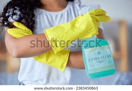 Hands, latex gloves and detergent for housekeeping, cleaning or disinfection safety from bacteria at home. Hand of cleaner in healthy hygiene, protection or service for sanitize or germ removal