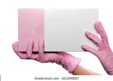 Hands In Latex Medical Gloves Holding A Box Of Mockup