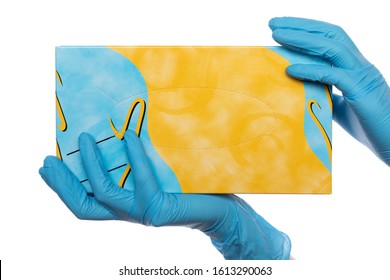 Hands In Latex Medical Gloves Holding A Box Of Mockup