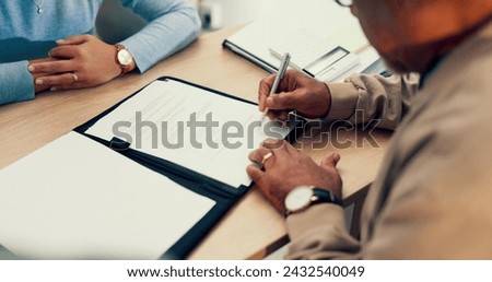 Hands, lawyer or man with contract for signature, application and writing on document of insurance or legal paperwork. Attorney or notary with client for agreement of document, policy or title deed