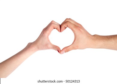 Hands of a loving couple shaping a heart, isolated on white background.