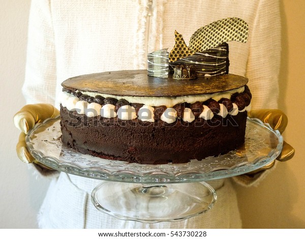 Hands Luxurious Modern Dark Chocolate Cake Royalty Free Stock Image