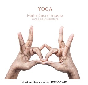 Hands In Maha Sacral Mudra By Indian Man Isolated On White Background. Free Space For Your Text