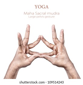 Hands In Maha Sacral Mudra By Indian Man Isolated On White Background. Free Space For Your Text