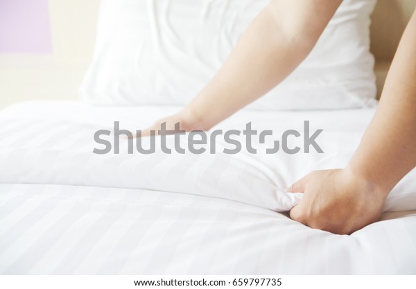 Hands Making Bed Hotel Room Service Stock Photo Edit Now