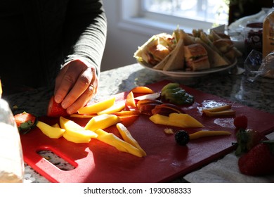 Hands Making Fruit Tart Kitchen Baking Fresh Fruit Tart Cutting Board Messy Kitchen Bake In Kitchen