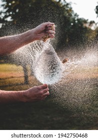 The Hands Of A Man Blowing Up A Balloon Filled With Water In The Park