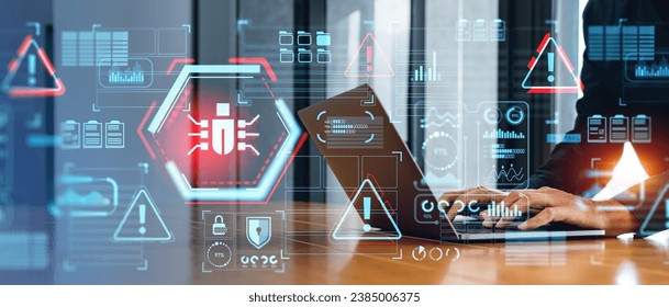 Hands of man developer using laptop in blurry office with double exposure of futuristic cybersecurity bug interface. Concept of data protection, cyberattack prevention and malware