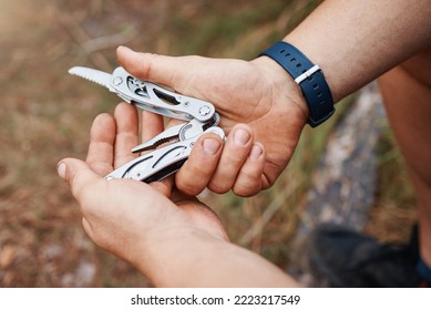 Hands, Man Or Multi Purpose Knife In Environment Camping Land, Sustainability Forest Woods Or Hiking Mountains. Zoom, Hiker Or Swiss Army Blade, Survival Tools Or Metal Equipment Gear In Nature Earth