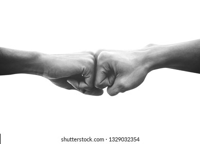 Hands of man people fist bump team teamwork and partnership business success, Black and white image