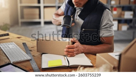 Hands, man and scanner with box for distribution of inventory management, order barcode and stock. Person, machine and package for reading pricing, quality assurance and label of shipping information