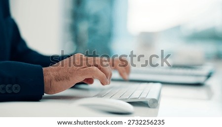 Hands, man and typing computer in office for finance report, budget planning and investment proposal. Accountant, person and PC at accounting firm for email feedback, financial portfolio and research