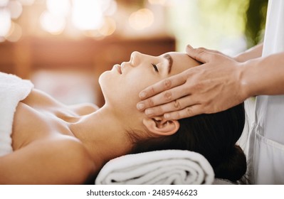 Hands, massage and woman in resort for relax, face and treatment for client on bed. Towel, spa and lymphatic drainage in salon by masseuse person, facial or stress relief for cosmetic therapy service - Powered by Shutterstock