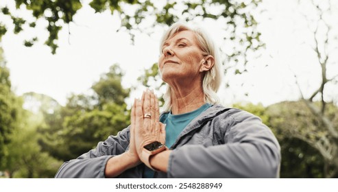 Hands, meditation and mature woman in park for outdoor peace, calm and spiritual healing. Namaste, mindfulness and low angle of senior person in nature, wellness and healthy mindset in retirement - Powered by Shutterstock