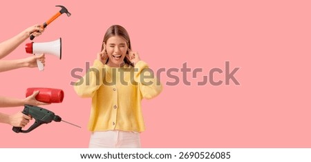 Hands with megaphone, construction tools, speaker and young woman suffering from loud noise on pink background with space for text