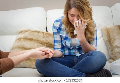 Hands Of Mother Closeup Consoling Sad Teen Daughter Crying By Problems