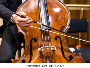 Hands Of A Musician With A Bow Playing The Double Bass In Philharmonic Orchestra