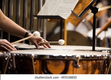 Hands Musician Playing The Timpani In The Orchestra Closeup