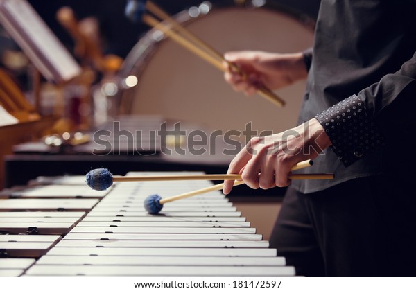 Hands of musician\
playing the vibraphone