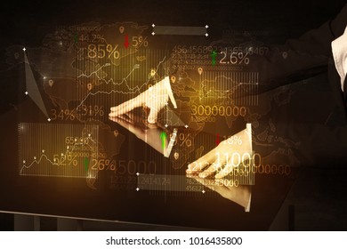 Hands navigate on high tech smart table with business icons and symbols