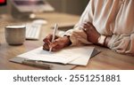 Hands, night and business with woman, writing and reading contract for company policy. Legal document, employee or consultant with signature, clipboard or negotiation detail with compliance and deal