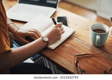 Hands, notebook and writing with notes for project, blog or article in home office. Journalist, thinking and diary for remote work, planning or research for copywriting or freelance career in house - Powered by Shutterstock