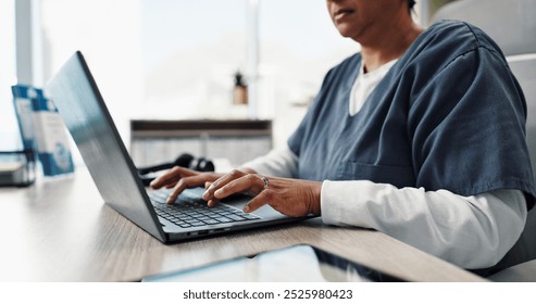 Hands, nurse and typing on laptop for healthcare research, info and check report in clinic. Keyboard, computer and medical worker or woman writing on wellness forum, email or update schedule at desk - Powered by Shutterstock