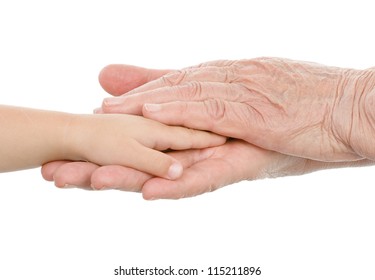 hands of the old man hold a hand of the baby. isolated on white background