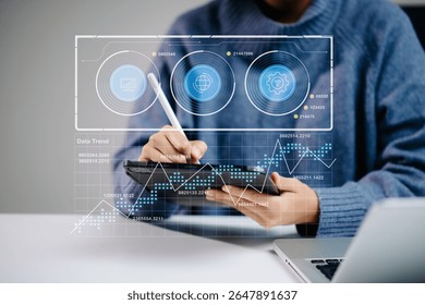 Hands on data analytics with digital tablet and stylus. Smart UI, graphs, and data trends in futuristic style. Perfect for tech, business, and real people themes.