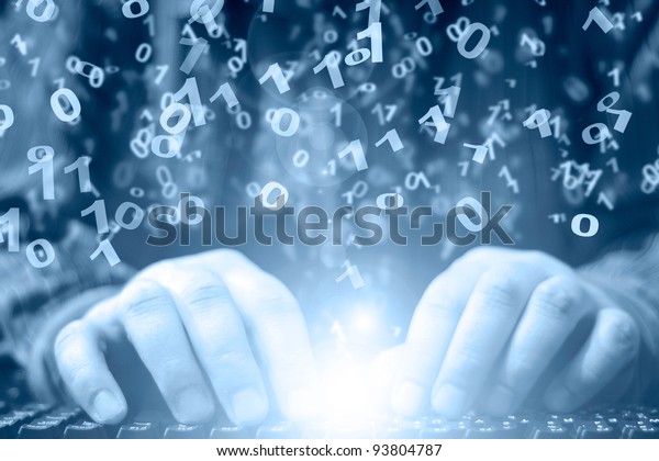 Hands on the keyboard - abstract computer background.