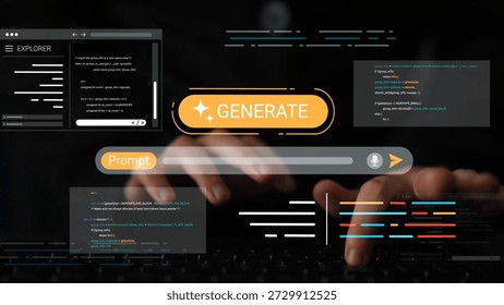 Hands on Keyboard with Code Displayed on Screen for Programming, Tech Innovation, Software Development, Data Processing Concepts and Generative Artistry Gluon.