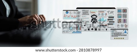 Hands on Keyboard with Digital Data Dashboard Featuring Graphs, Charts and AI Technology Visuals in Modern Office Environment
