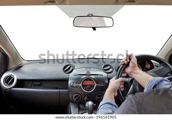 Hands on the\
steering wheel isolated on a white\
