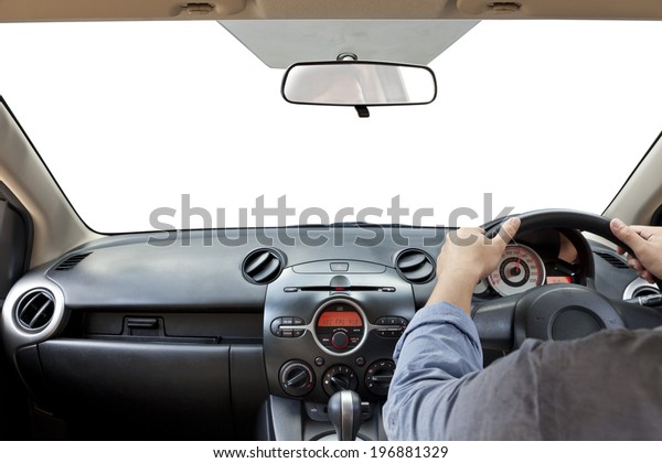 Hands on the\
steering wheel isolated on a white\
