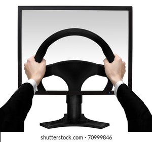 Hands On A Steering Wheel In The Screen The Monitor Isolated White Background