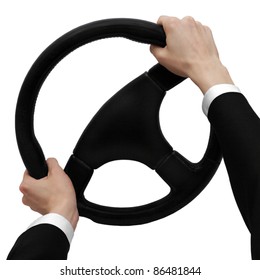 Hands On A Steering Wheel Turn To The Left Isolated On A White Background