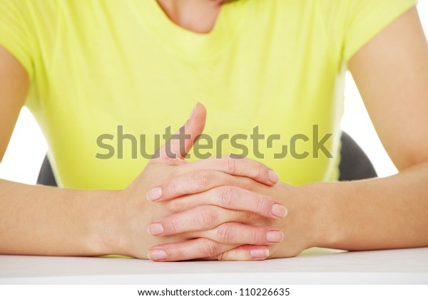 Hands On Table Intertwined Fingers Stock Photo (Edit Now) 110226635