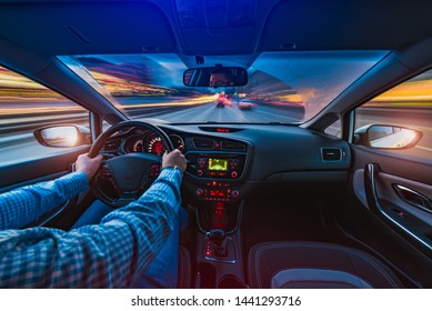 Hands on the wheel when driving at high speed from inside the car