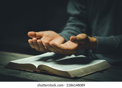 Hands Open Palm Up In Prayer On A Holy Bible In Church Concept For Faith, Spirituality, And Religion, A Woman Praying On Holy Bible In The Morning. Woman Hand With Bible Praying. Prayer Bible