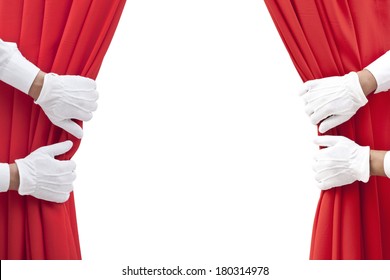 Hands Opening Red Curtain On White.