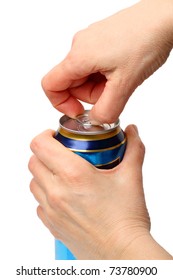 Hands Opening A Soda (beer) Can. Isolated On White Background.